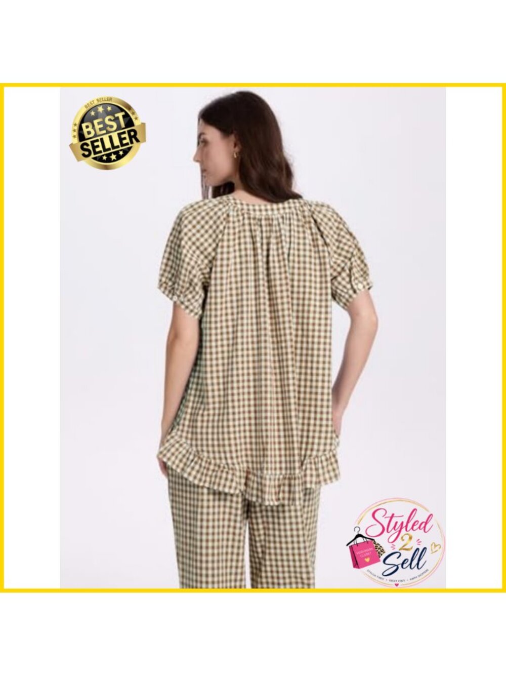 100% Cotton Gingham Pajama Set Short Sleeve Button-Up Lounge Set - Picture 4 of 6